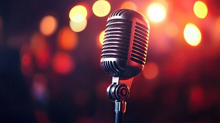 Studio Shot of Classic Microphone on Stand with Bokeh Lights Background, Stage Ready
