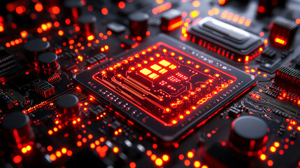 Fototapeta premium Close-up of a Red-lit Circuit Board: High-Tech Processor and Microchip Details