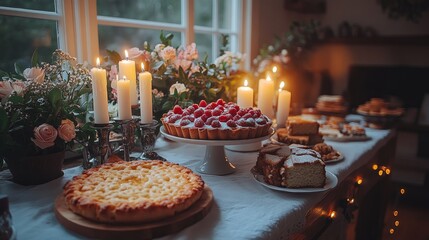 Naklejka premium A stunning dessert table showcases pastries, cakes, fresh berries, and glowing candles