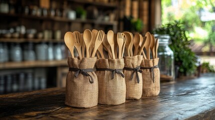 Wooden spoons and forks are neatly packed in burlap, adding rustic charm to the kitchen decor