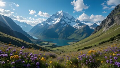Fototapeta premium Mountain landscape with lake, flowers, and blue sky