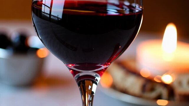 Red wine in crystal glass on candlelit table beside olives and biscotti in soft evening light

