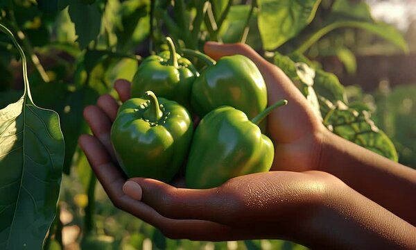 Hands harvesting fresh green bell peppers in a garden at sunset; healthy food concept