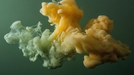 Abstract Swirling Yellow and Green Ink Clouds in Dark Teal Water