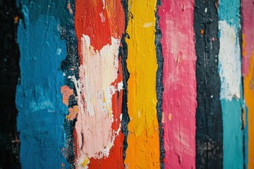 Vibrant abstract painting with colorful brushstrokes showcasing a rich palette of pink, blue, yellow, and black, perfect for modern decor and artistic themes