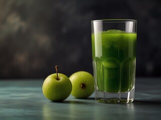 Glass of healthy fresh Amla juice served on a table with couple of amlas beside it. Cinematic isolated 4k photography