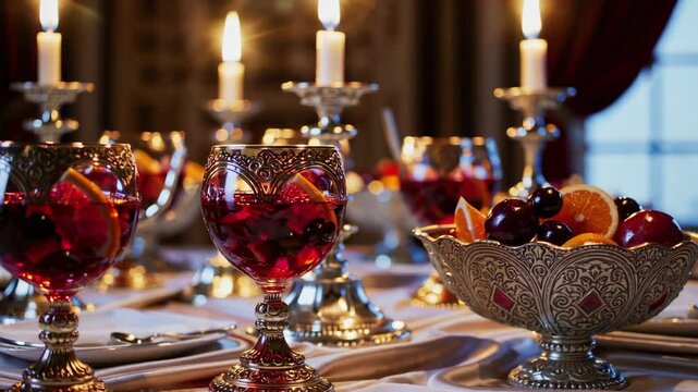 Majestic ruby sangria served in glass goblets with citrus slices on candlelit dinner table

