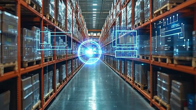 Smart warehouse management system using augmented reality technology to identify package picking and delivery . Future concept of supply chain and logistic business