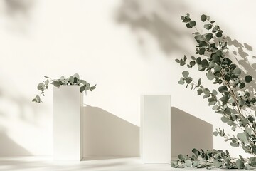 Fototapeta premium Minimalist White Pedestal Displays, Eucalyptus Branches, Neutral Backdrop