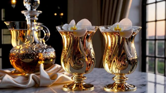 Gilded orchid elixir served in ornate gold glasses beside decanter on marble surface

