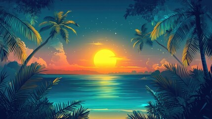 Tropical Seascape at Sunset Palm Trees Silhouetted Against a Vibrant Sky and Ocean