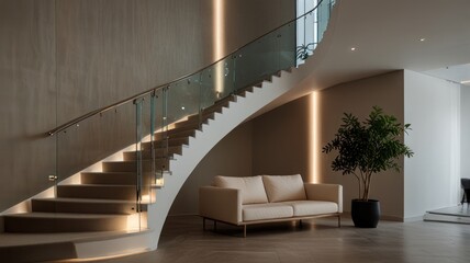 Obraz premium Modern, Curved Staircase Lobby