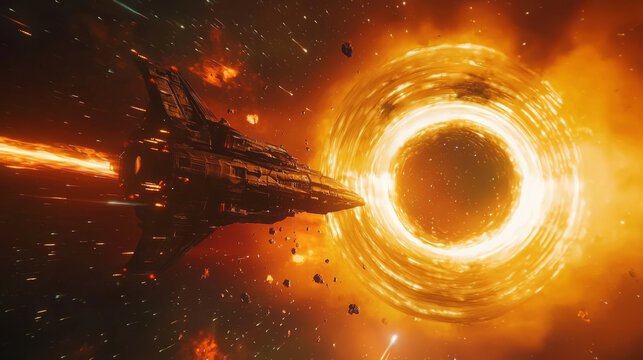 Glowing wormhole opening in space, spaceship approaching for intergalactic travel