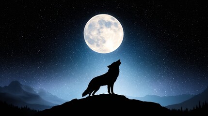 Wolf howling under a starry sky and full moon.