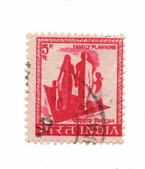 A vintage postage stamp from India isolated on a white background.