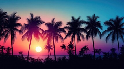 Vibrant Sunset Silhouette Palm Trees Against Pink, Orange, Blue Sky, Exotic Evening