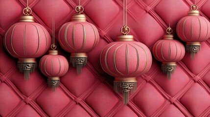 Pink lanterns hang against textured wall, festive celebration, Asian design, holiday decor