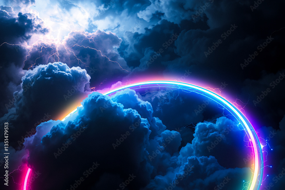 Poster stormy sky with lightning. neon circle glows against dark clouds, contrasting natural power and arti