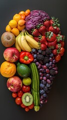 Colorful fruit and vegetable arrangement on dark background