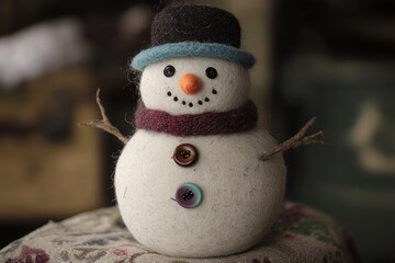Obraz premium A handcrafted felted wool snowman with a whimsical hat and scarf