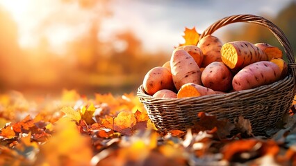 A basket of sweet potatoes surrounded by colorful autumn leaves in a serene outdoor setting. Concept Sweet Potatoes, Autumn Leaves, Outdoor Serenity, Seasonal Harvest, Nature's Beauty