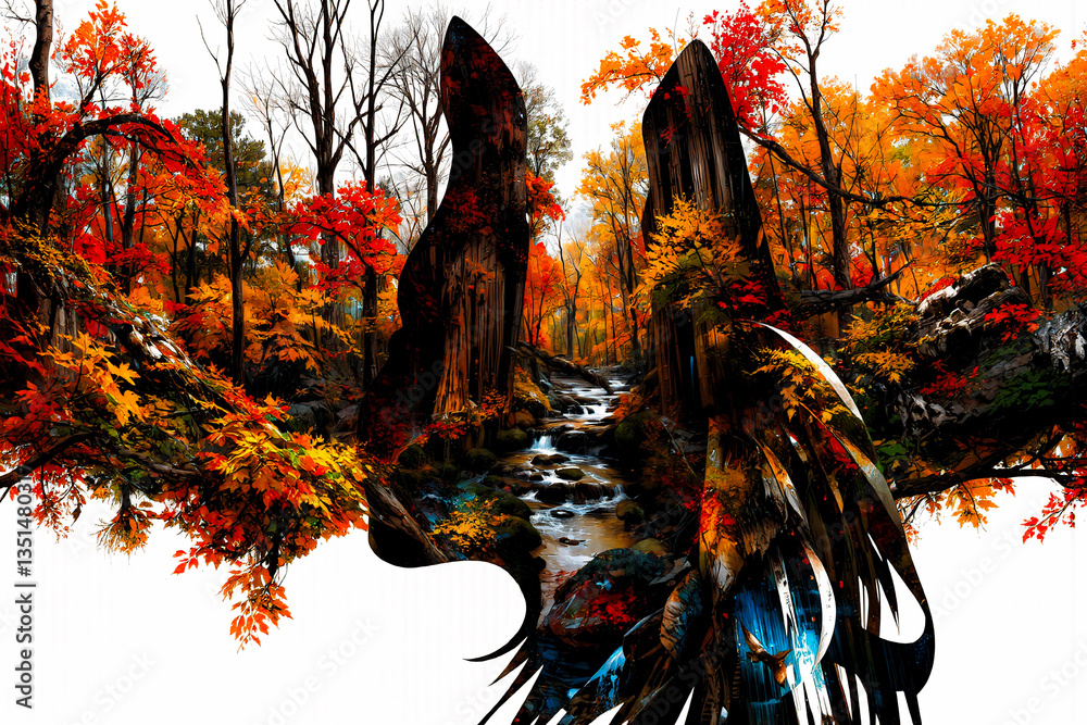 Poster vibrant autumn forest with colorful foliage. a stream flows through the woods creating a peaceful, s