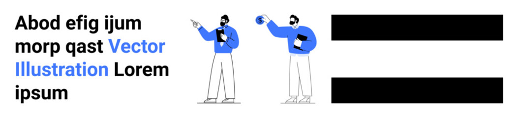 Two individuals wearing formal attire, one holding a document and the other gesturing towards a topic. Ideal for teamwork, collaboration, meetings, professionalism, training, education