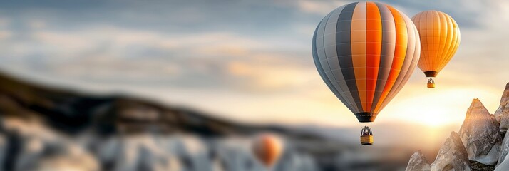 Colorful hot air balloons soaring through a serene landscape during a vibrant sunset near majestic rocky mountains