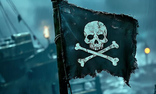 Torn pirate flag, rain, ship battle, dark stormy sea, historical game asset