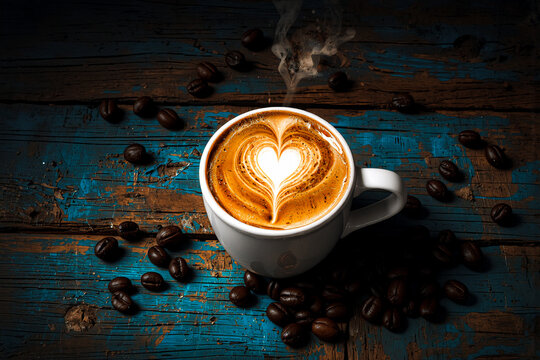 A steaming cup of coffee with a heart shaped latte art design sits on a rustic wooden surface. Coffee beans are scattered around the cup, creating a warm and inviting scene. - Powered by Adobe