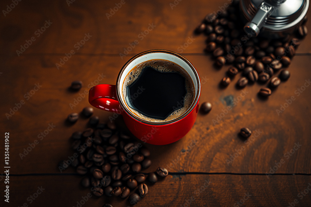 Poster a red cup of black coffee sits on a wooden table, surrounded by scattered coffee beans. a part of an