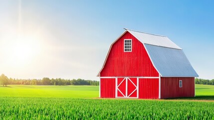 Obraz premium Rural Red Barn: A classic red barn stands proudly amidst a verdant field, set against a bright blue sky, embodying the simplicity and charm of rural life. 