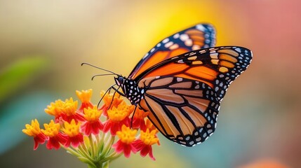 Fototapeta premium Monarch Butterfly Perched on Vibrant Orange and Yellow Flowers in a Lush Garden Setting