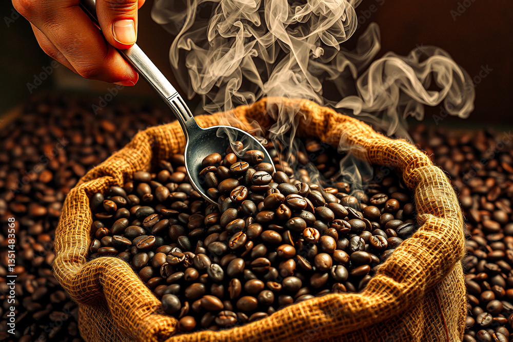 Poster fragrant roasted coffee beans are steaming as they are scooped from a rustic burlap sack. the aroma 