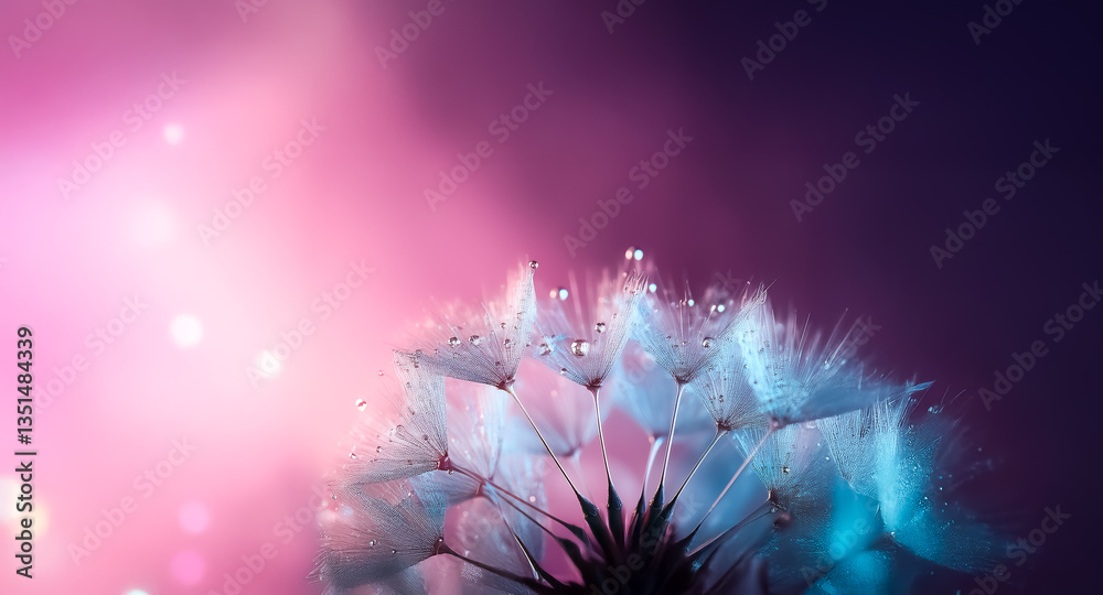 Poster close-up of a delicate dandelion seed head, adorned with water droplets, stands out against a soft p