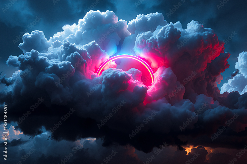 Aufkleber Dramatic clouds are illuminated from within by a bright neon circle, creating a surreal and vibrant skyscape.
