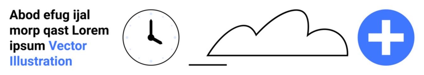 Clock with minimal lines, cloud outlines, and blue plus icon against clean backdrop. Ideal for healthcare, time management, weather updates, technology, apps, minimalism simple landing page