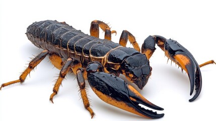 Vibrant scorpion crawling on white surface macro photography studio environment nature's intricacies