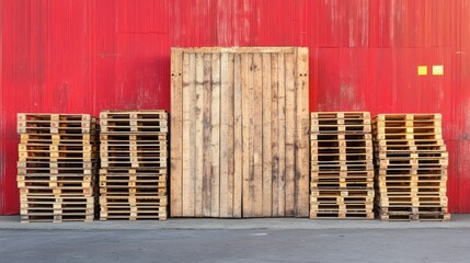 Stacked wooden pallets in front of a red wall with an open wooden door