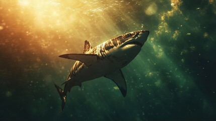 Fototapeta premium Majestic Shark Swimming Gracefully Underwater in Dappled Sunlight