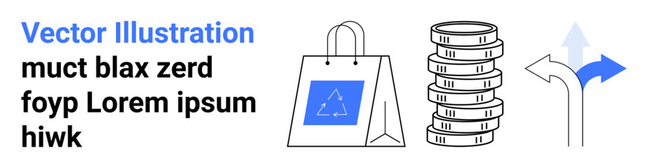 Shopping bag, stacked coins, and directional arrows convey e-commerce, finances, decision-making, marketing, investments, choices and navigation. Ideal for strategy business themes simple landing