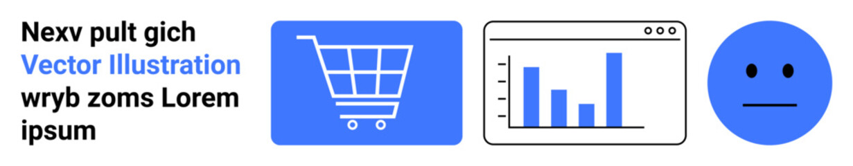 E-commerce shopping cart, bar chart for data analysis, and neutral emotion face in minimalist blue design. Ideal for retail, analytics, technology, emotion, business, marketing simple landing page