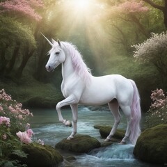 Majestic unicorn standing in a serene forest stream  