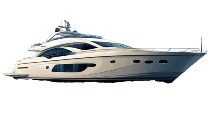 Isolated luxury motor yacht cruises the white ocean, a symbol of wealth and summer travel