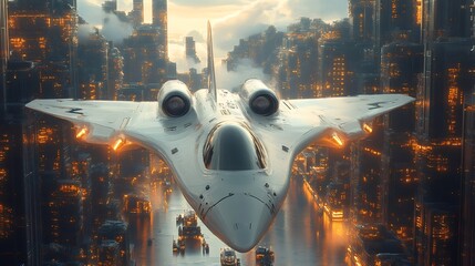 Futuristic aircraft flying over cyberpunk city at sunset