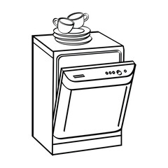 Black and white dishwasher line drawing illustration with open door and stacked dishes