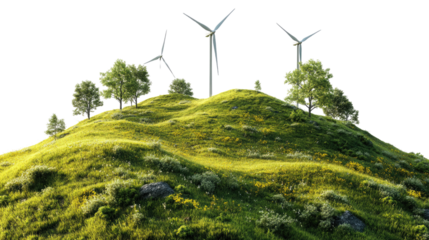 Blue sky over a green field of wind turbines generating renewable electric power
