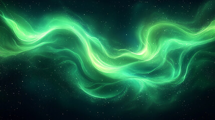Fluid green energy currents, illuminated with a soft glow, dance across a starry void, forming a...