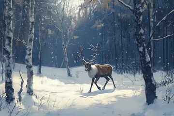 A snowy forest with a lone reindeer walking through the trees, the ground covered in snow