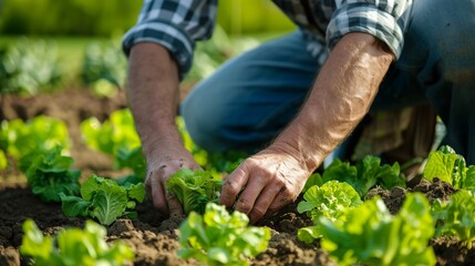 Fototapeta premium Dedicated farmer passionately plants vegetables in fertile soil, aiming to yield a bountiful harvest of fresh and high-quality produce, ensuring local communities enjoy nutritional abundance.